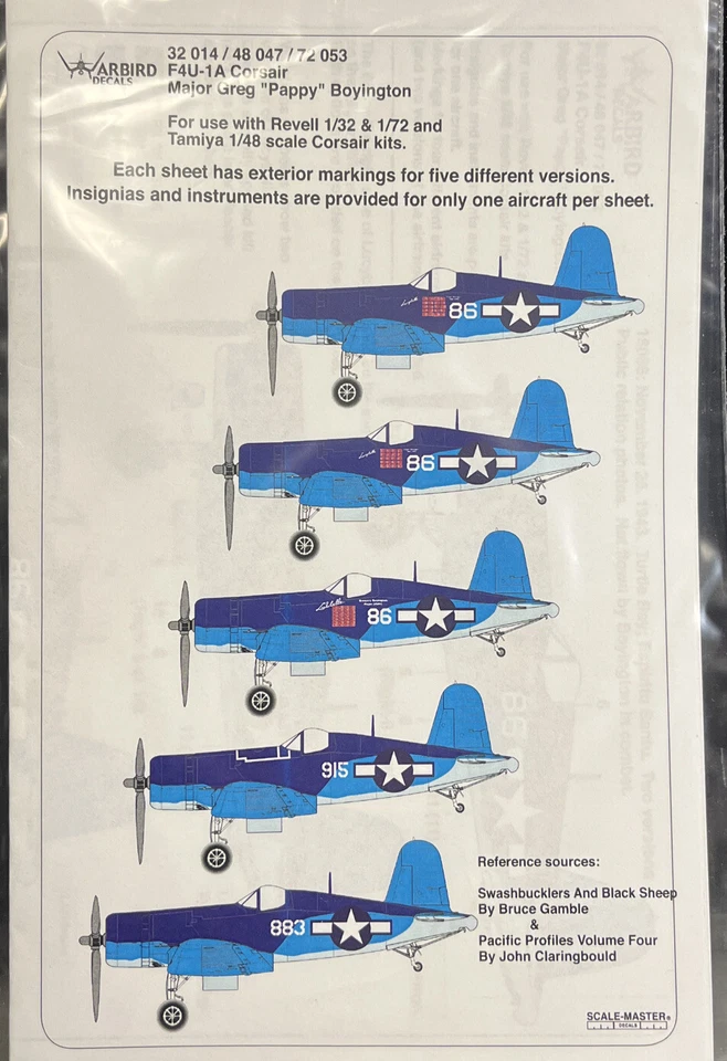 Warbird 1/48 F4U-1A Corsair Major Greg Pappy Boyington Decals 48047