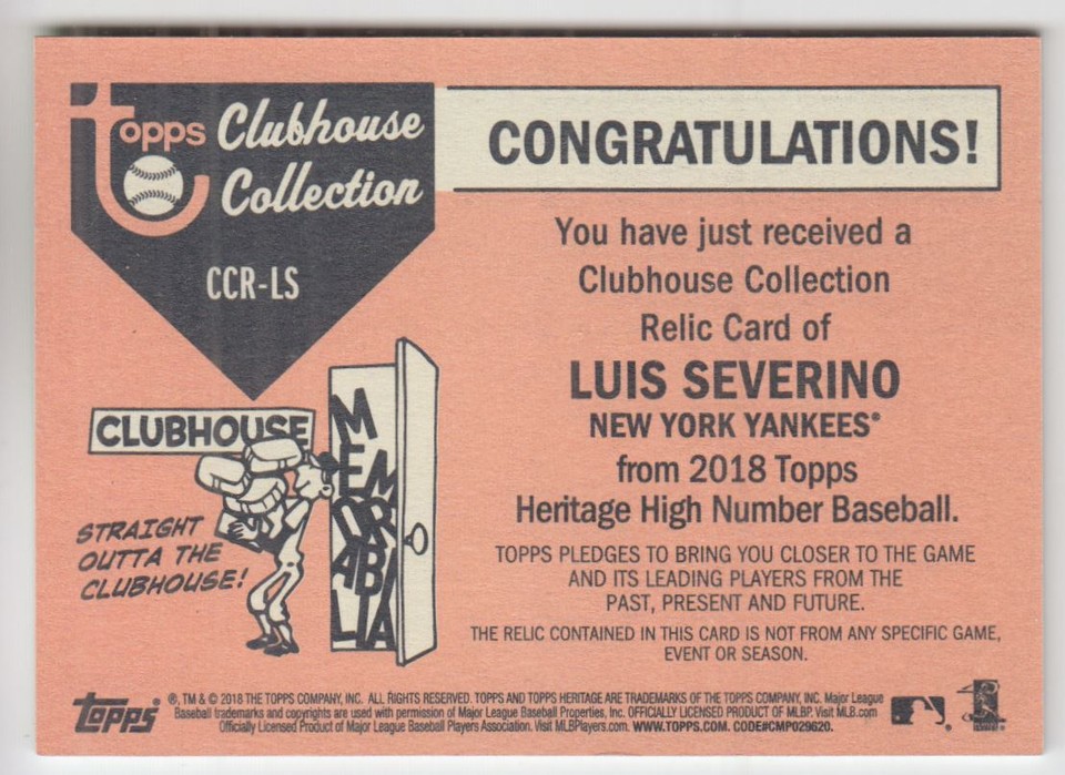 2018 Topps Heritage Clubhouse Collection Relics CCRLS Luis Severino HN
