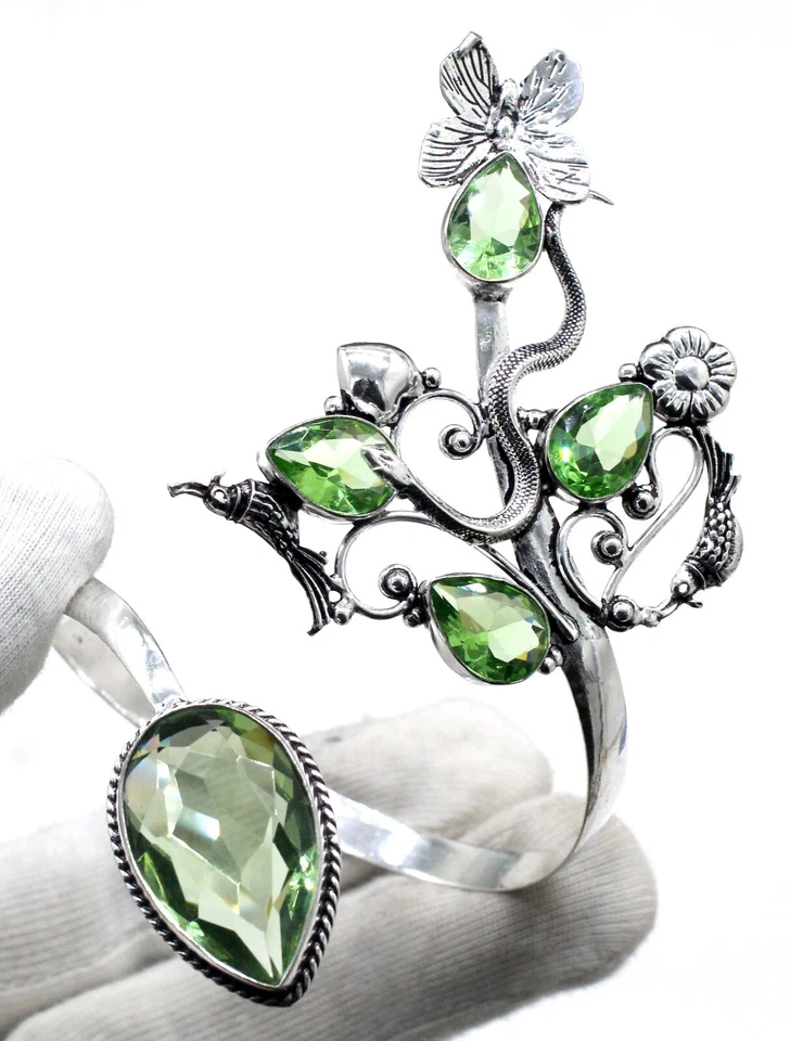 925 Sterling Silver Green Amethyst Gemstone Jewelry Cuff Bracelet Size-ADJ - Image 2 of 4