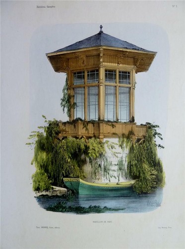 Fine Antique 1855 VICTOR PETIT Lithograph, FRANCE COUNTRY HOMES - PAVILION HOUSE