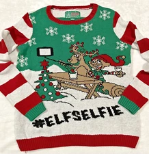 Ugly Christmas Sweater Brand Women's Size Medium Elf Selfie Green Red Festive