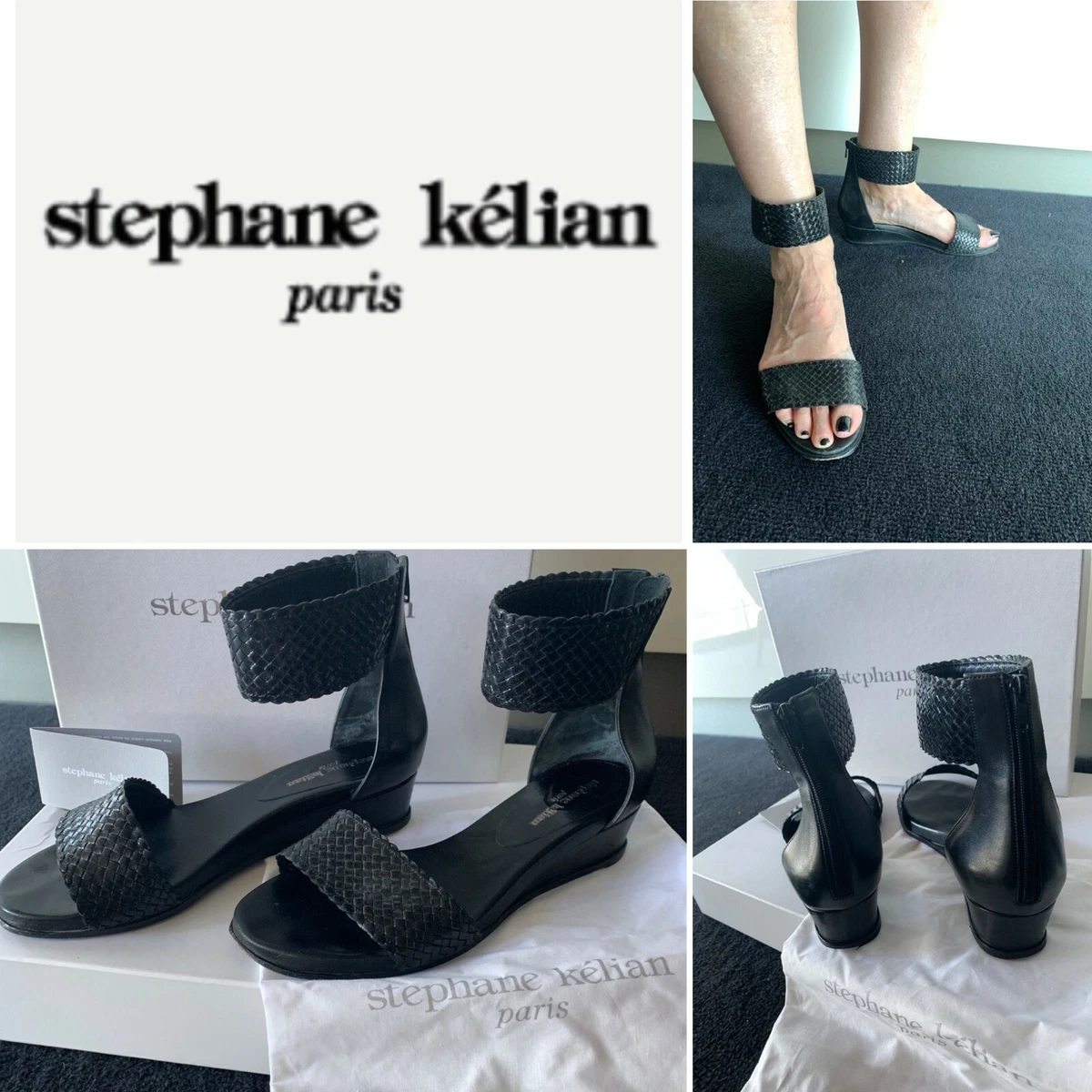 STEPHANE KELIAN 700 Black Plait Leather GALAXIE SANDALS Wedge