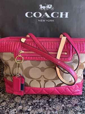 バッグ Coach Poppy Leather Shoulder Bag pink Coach Pink Poppy Gloss Patent Leather/Canvas Shoulder Top