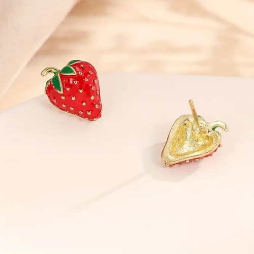 Cute Strawberry Fruit Stud Earrings Simple Jewelry Women Girl Gift Golden Toned - Picture 2 of 3
