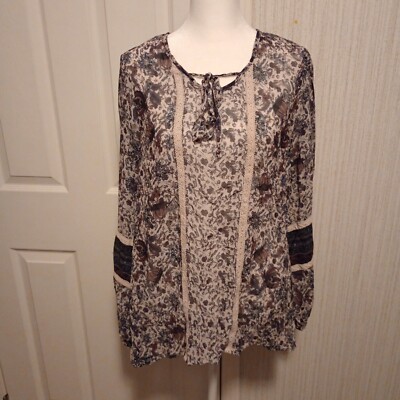 LA Threads Women's Sheer Blouse Size S Burgundy Beige Floral Tie Neckline Dressy
