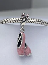 Pink Ballet Shoes Dangle Charm Pendant Dance Genuine 925 Sterling Silver 💖