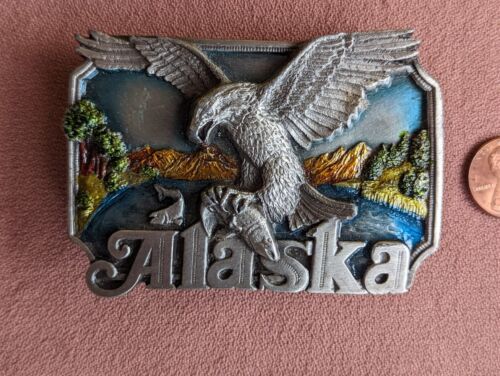Vintage 1985 ALASKA Eagle Pewter Belt Buckle JHS 161 J&H Sales - Picture 1 of 2