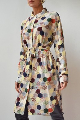 BINNY Quilted Patchwork Printed Silk Shirt Dress Long Sleeve Self-Tie Sz 10