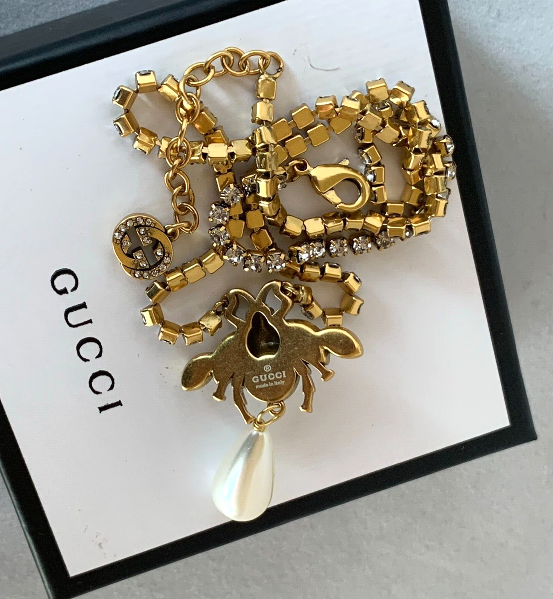 Gucci Bee GG Logo with White Pearl and Crystals Gold Tone Finish