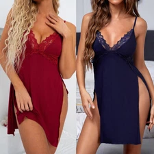 Lace Trim High Slit Babydoll Women's Sexy Lingerie Chemise Sleep Dress Nightgown