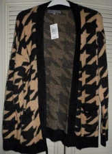 NWT Ladies L Black/Tan Print Open Front Fuzzy Cardigan Sweater – Absolute Famous