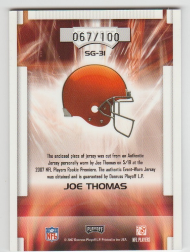 Camiseta deportiva de novato Joe Thomas 2007 Absolute Memorabilia "Star Gazing" SP RC #067/100 - Imagen 2 de 2