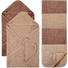 6 Pcs Baby Muslin Hooded Bath Towels and Washcloths 32 x 32 Inch Muslin Cotto...
