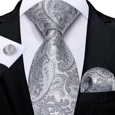 Fashion Mens Tie Silver Paisley Necktie Handkerchief Cufflinks Set Wedding Gift