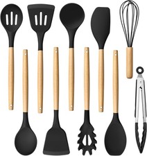Silicone Kitchen Utensils Set 10 PCS Non-Stick, Heat Resist Wooden Handle -Black