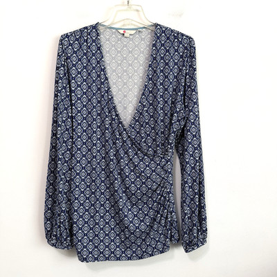 Boden Elodie Jersey Knit Wrap Top 14 Blue Geo Long Sleeve Soft Casual V Neck