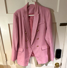 Women's Pink Double-Breasted Blazer Notch Lapel Lined Gold Tone Buttons