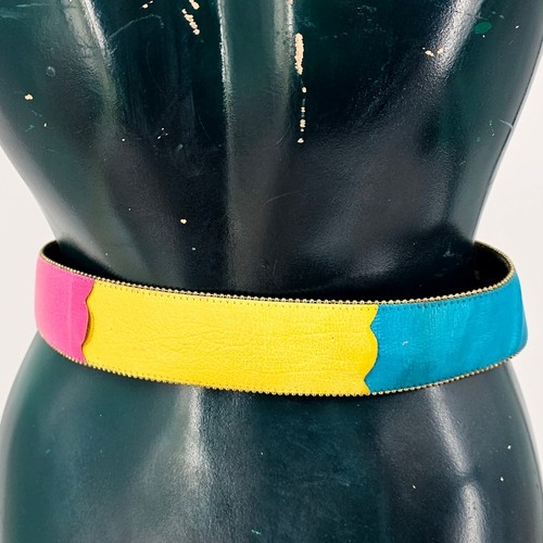 Vintage 80's Sandy Duffler Colorblock Rainbow Mod 2" Wide Statement Belt M-L - Picture 3 of 9