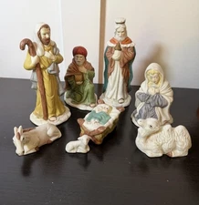Vintage Nativity Set Of 8 Christmas Manger Scene Ceramic Figures Baby Jesus