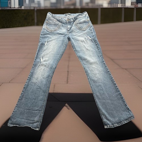 Pantalones de mezclilla LEI para mujer 15 juniors azul Ashley tiro bajo corte boot elástico informal
