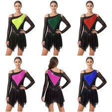 Womens Dancewear Costume Dress Figure Skating Bodysuit Crotch Mesh Long Sleeve