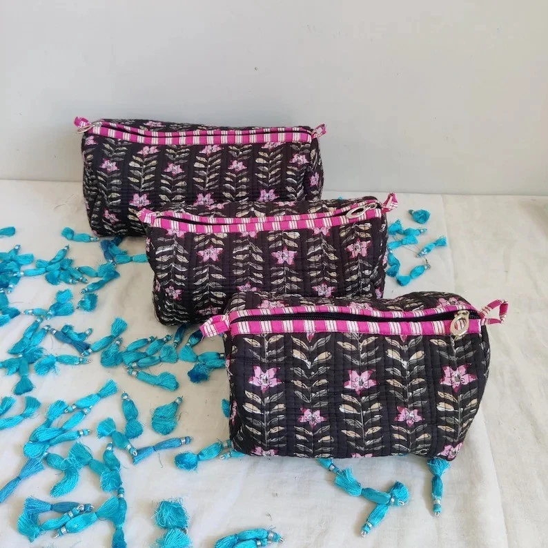 Indian Black Floral Quilted Toiletry Bag Cotton Unisex Makeup Bags 3 Pcs Set US