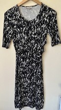 Hobbs Size 8 black white faux wrap dress abstract jersey stretch Ruched Office