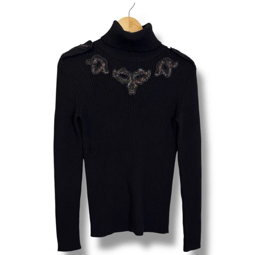 Pull Prada noir côtelé 100% laine orné de perles taille 44 Taille 8 US