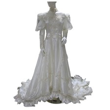 Vintage 1980s Bridal Gown Lace Satin Long Sleeve Puff Shoulder Train