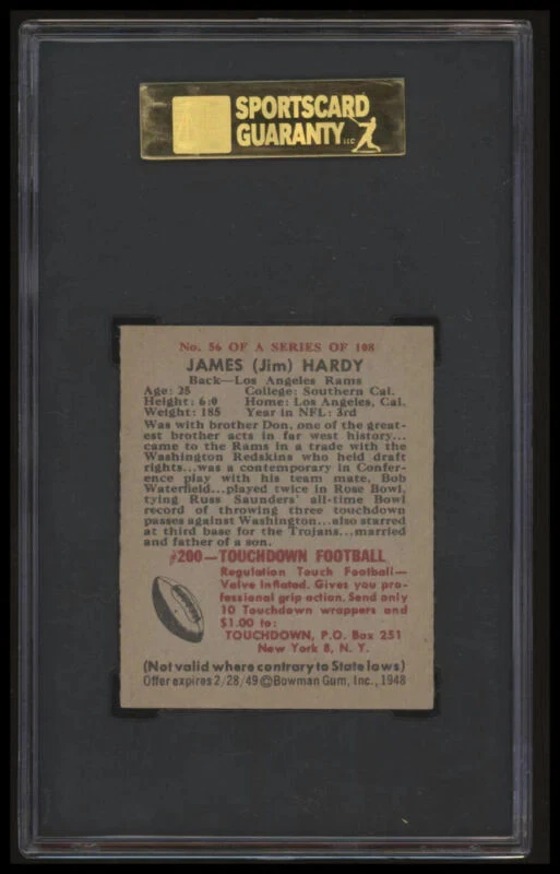 1948 BOWMAN JIM HARDY 56 NRMT-MT RC SGC 8 FOOTBALL LOS ANGELES RAMS - Image 2 of 2