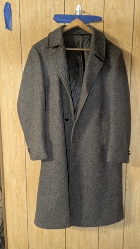 Vintage English Squire Mens 44L Gray Overcoat Long Coat Made USA Lined - product listing photo