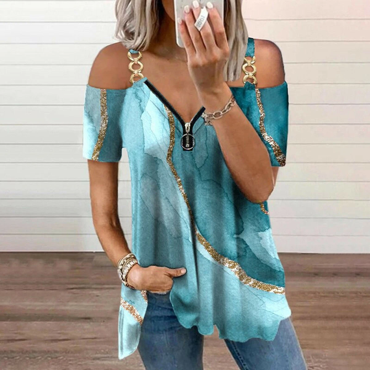 Womens Cold Shoulder Zipper V Neck Tunic T shirt Short Sleeve