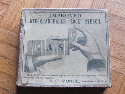 ANTIQUE BRASS SHIPPING BOX MARKING STENCIL SET BY S.G.MONCE MFG CO