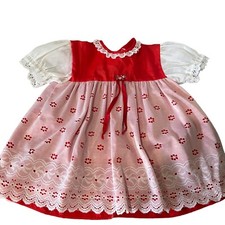 Vintage Jolene Red White Lace Ribbon Ruffles Baby Dress Size 18 Months Buttons
