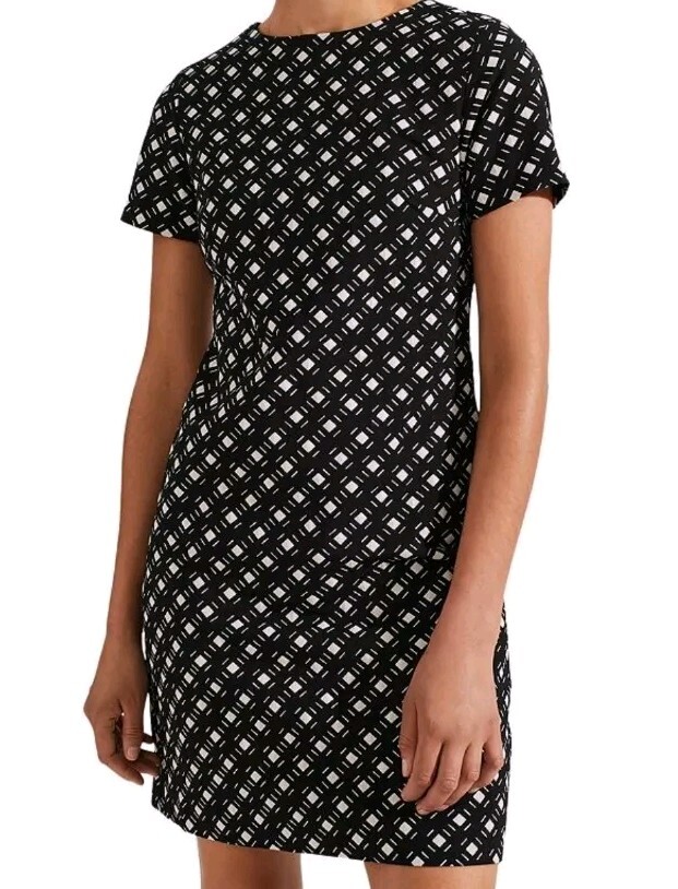 Hobbs London Simona Black & White Geometric Short Sleeve A Line Dress Size  4