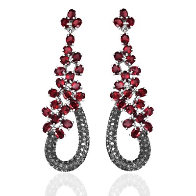 925 Sterling Silver Natural Diamond Red Garnet Gorgeous Womens Earrings Pair