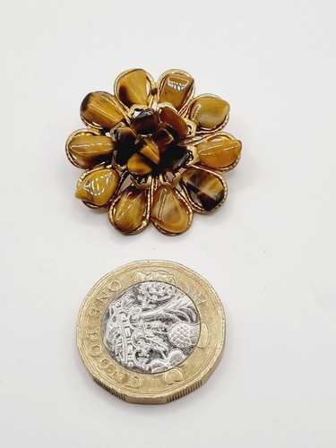 Beautiful Vintage Gold Tone Round Brooch Broche Brouch with Tiger's Eye. C17 - Picture 6 of 7