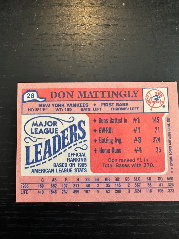 1986 Topps League Leader Minis - #28 Don Mattingly - Image 2 of 2