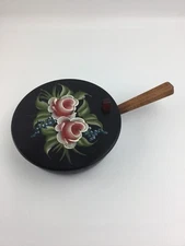 Vintage Metal Tole Painted Silent Butler Crumb Catcher Floral Design On Black