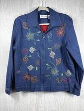Alfred Dunner Size 8 Floral Embroidered Denim Jean Jacket Zip Front Casual Chic
