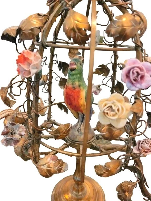 Antique French Tole 2 Arm Candelabra Bird Cage Lamp w/Enamel Flowers Silk Shades - Image 3 of 4