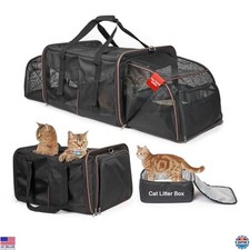 Double-Compartment Cat Travel Carrier with Litter Boxes for 2 Cats, Portable