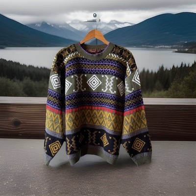 Vtg Mid 90s Striped Boxy Oversized Fuzzy Grunge Aztec AOP Colorful Sweater XL