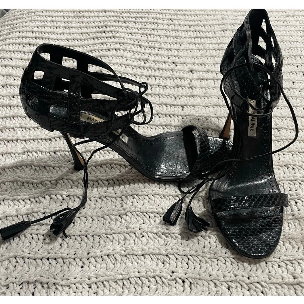 MBT Y2K Manolo Blahnik sandalo con tacco a spillo rettile taglia 9 5 40 5 Italia nero nappe