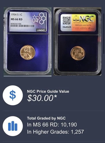 1954-S 1C Lincoln Wheat Cent NGC MS66 RD TreaderBea Purple Core! $30 PRICE GUIDE