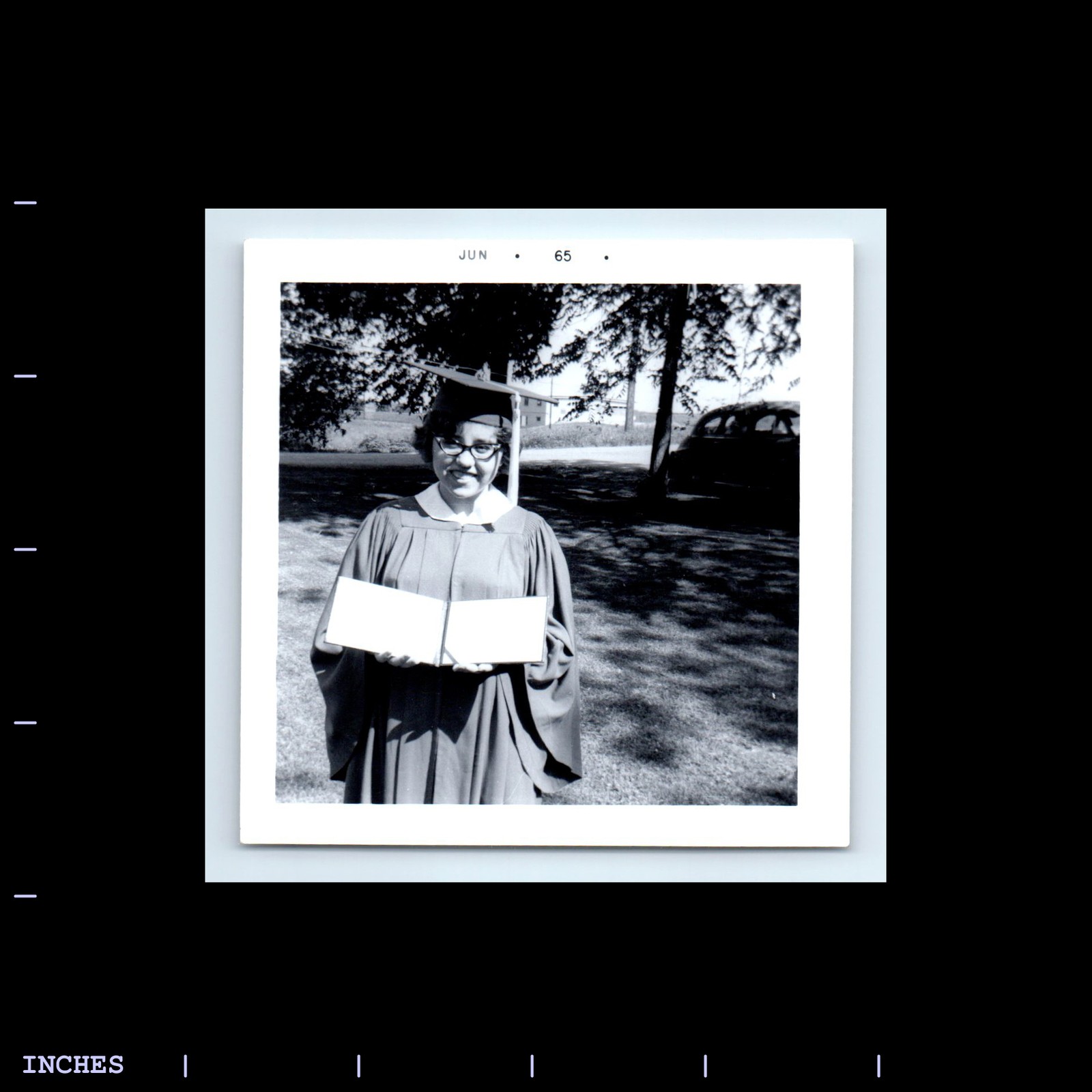 Vintage 1965 Graduation Photo Woman in Glasses Cap Gown Diploma