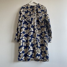 GANNI Floral Tunic Dress Navy Beige Relaxed Fit L Lagenlook Boho Art Bloomcore