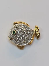 Swarovsky Fish Lapel Pin Encrusted in Clear Faceted Crystals w/ One Green Eye