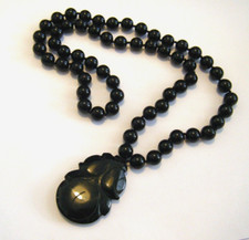 Vintage 26" Necklace Chinese Genuine Black Nephrite Jade Peach Pendant Amulet