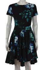 ASOS Womens Dress Size 4 36 Black Blue Floral Sheath Hi Lo Short Sleeve